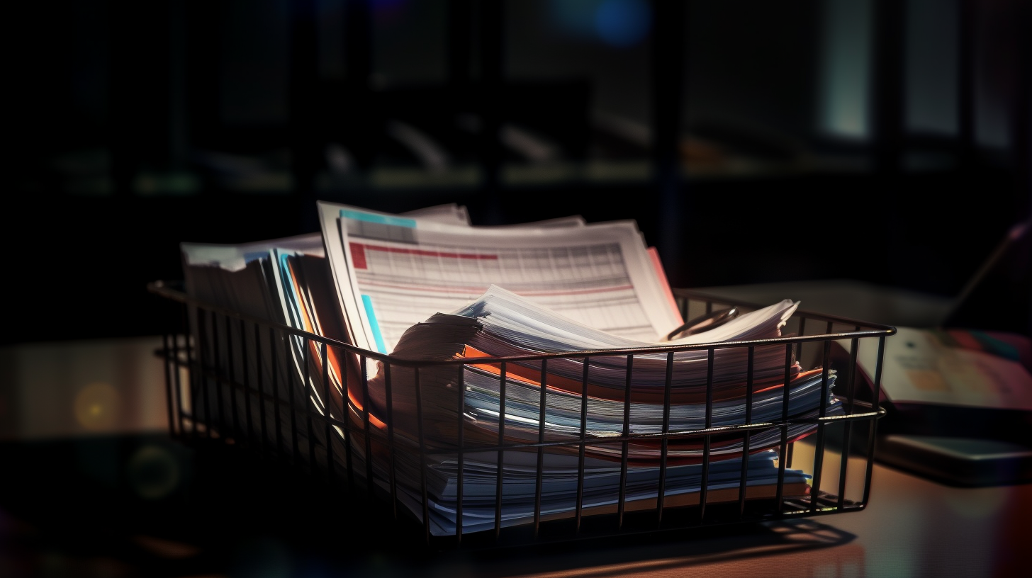 A rectangular wire in-basket filled with business papers